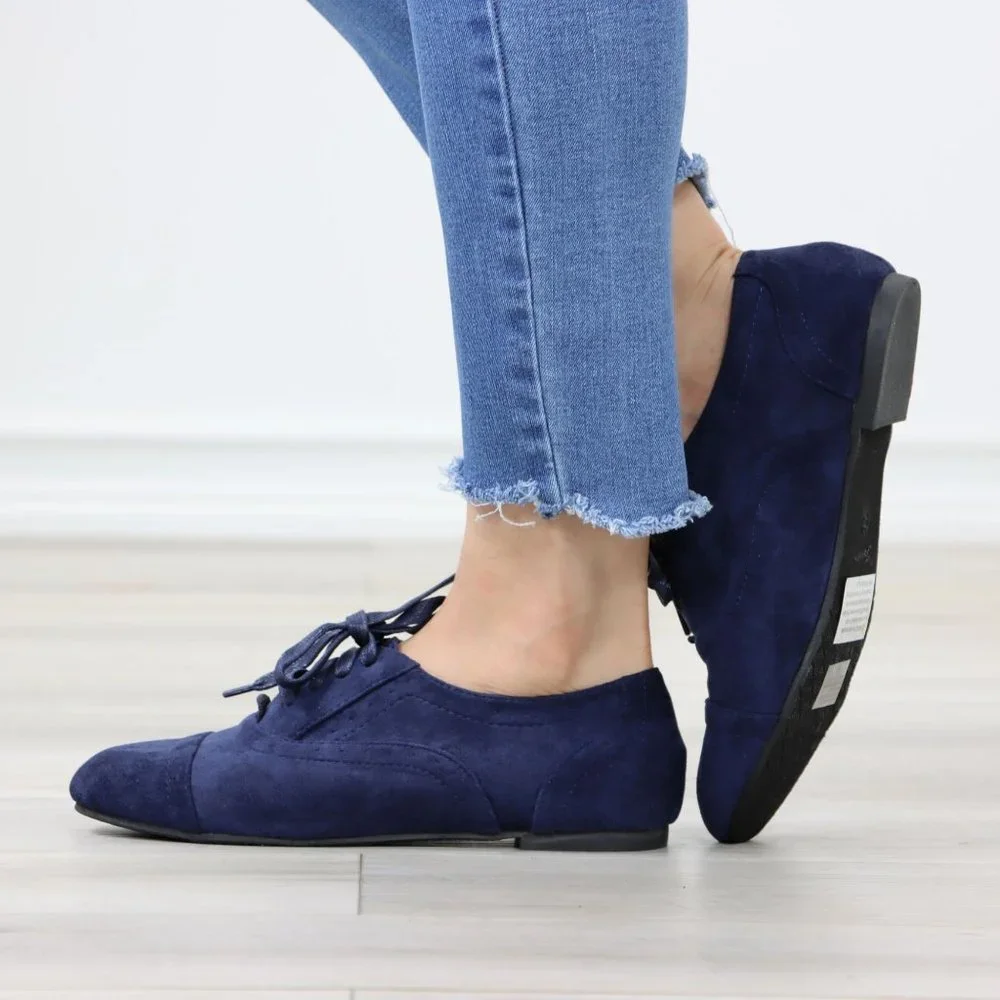 Navy Faux Suede Lace up Oxford Style Shoes Flats - Picture 12 of 12